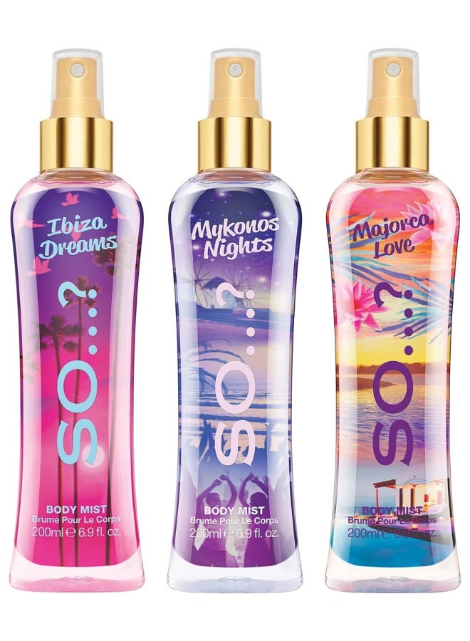 So..? مجموعة رذاذ الجسم النسائي من So...? هروب الصيف | 200 مل | عبوة من 3 | تشمل أحلام إيبيزا، ليالي ميكونوس وحب مايوركا | روائح فواكه، زهور ومنعشة | بخاخات عطرية تدوم طويلاً - Image 1
