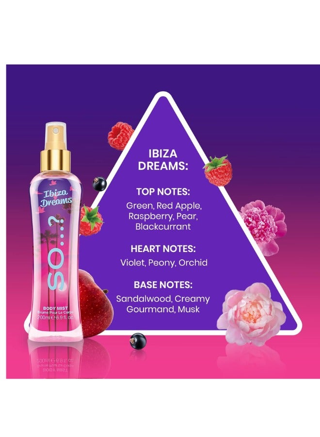So..? مجموعة رذاذ الجسم النسائي من So...? هروب الصيف | 200 مل | عبوة من 3 | تشمل أحلام إيبيزا، ليالي ميكونوس وحب مايوركا | روائح فواكه، زهور ومنعشة | بخاخات عطرية تدوم طويلاً - Image 2