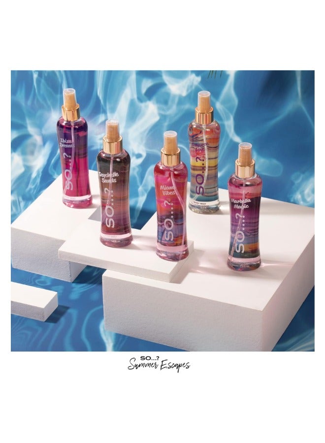 So..? مجموعة رذاذ الجسم النسائي من So...? هروب الصيف | 200 مل | عبوة من 3 | تشمل أحلام إيبيزا، ليالي ميكونوس وحب مايوركا | روائح فواكه، زهور ومنعشة | بخاخات عطرية تدوم طويلاً - Image 5