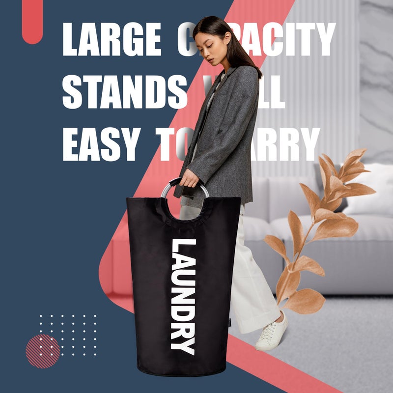 Caroeas 100L Laundry Basket,Large Laundry Hamper, Laundry Bag with Padded Handles, Clothes Hamper Stands Up Well, Collapsible Free Standing Easy Storage Washing Bin (Black,100L) - Image 2