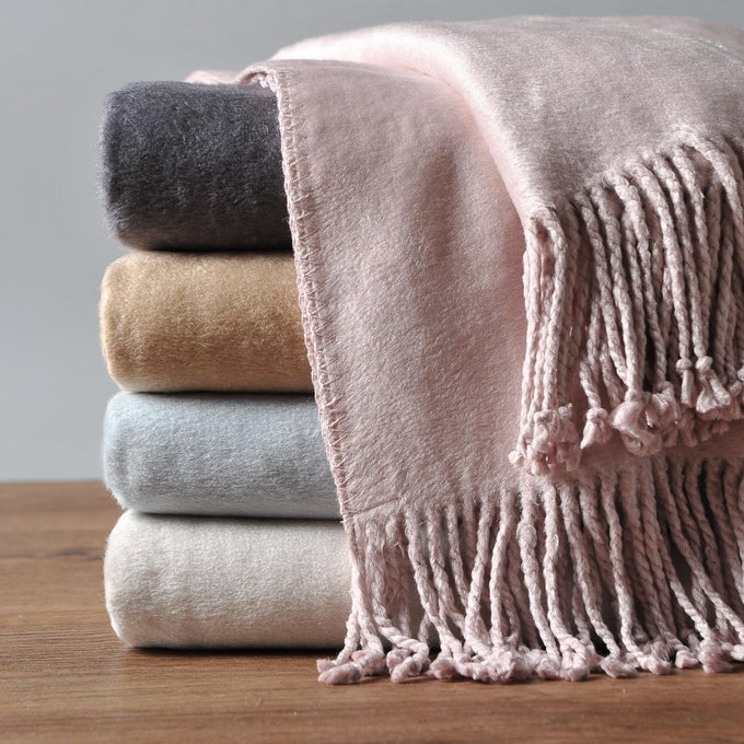 FRINGED MULBERRY SILK THROW BLANKET FOR SOFA CAMEO PINK