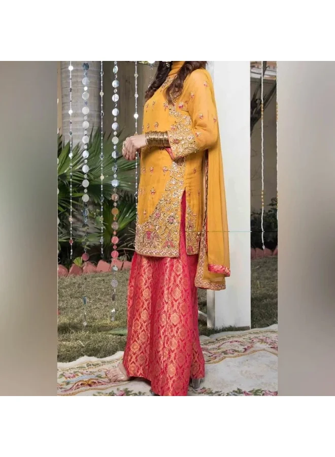 Bazm-A Fashion Atelier  Generic Brands Gold Orange-3PCS-Heavy Embroidery Large Size for Women | Best Price UAE