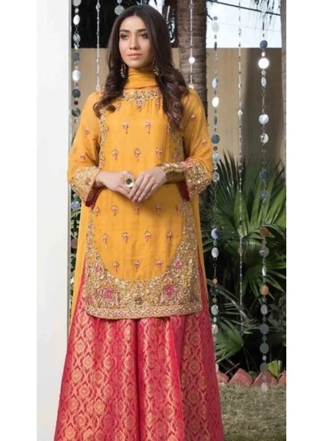 Bazm-A Fashion Atelier  Generic Brands Gold Orange-3PCS-Heavy Embroidery Large Size for Women | Best Price UAE