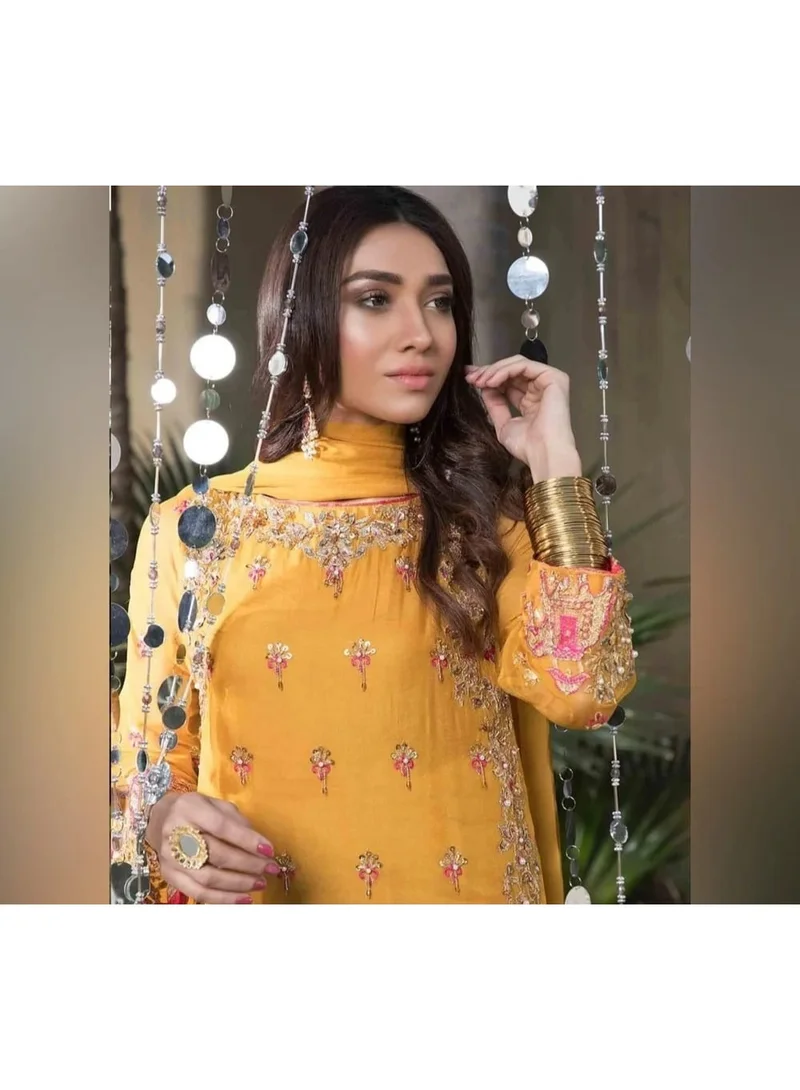 Bazm-A Fashion Atelier  Generic Brands Gold Orange-3PCS-Heavy Embroidery Large Size for Women | Best Price UAE