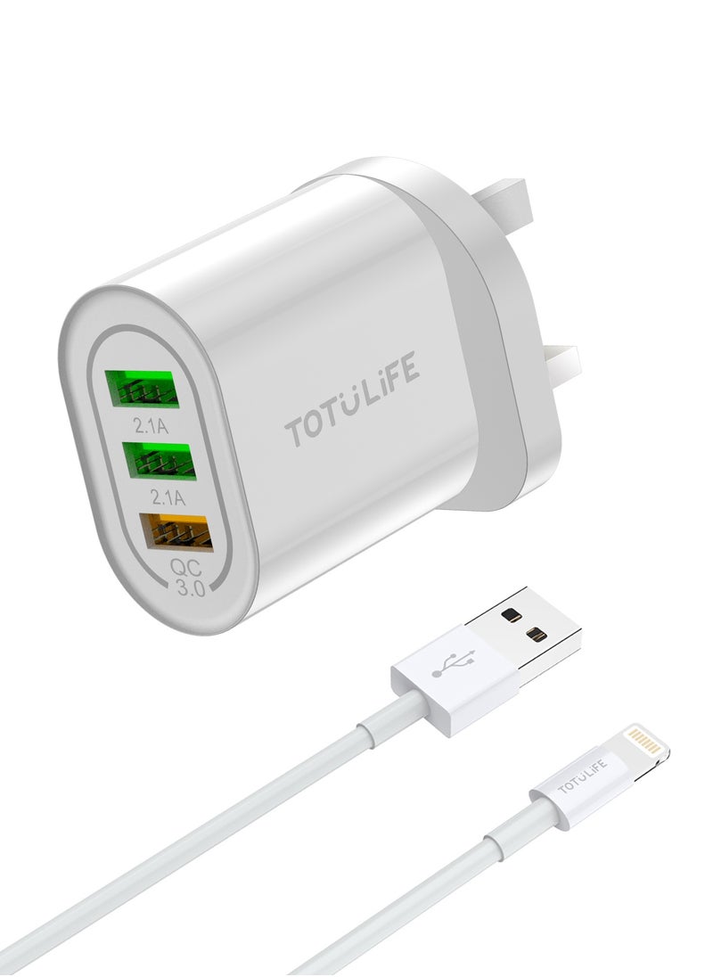 توتو لايف شاحن بيور حائط سريع ٣ منافذ QC+2USB + كيبل لايتنينج - أبيض  - Image 2
