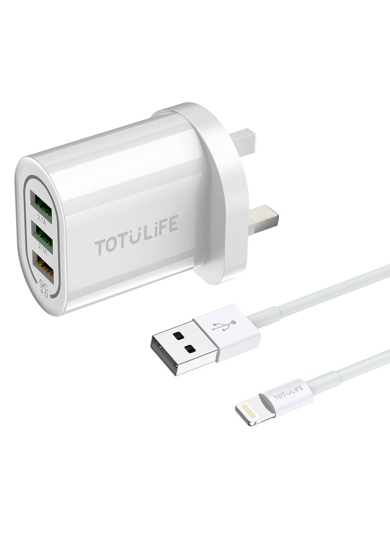 توتو لايف شاحن بيور حائط سريع ٣ منافذ QC+2USB + كيبل لايتنينج - أبيض  - Image 3