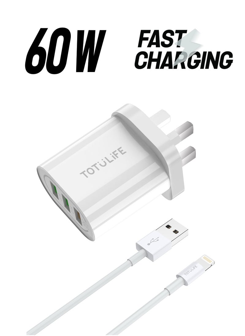 توتو لايف شاحن بيور حائط سريع ٣ منافذ QC+2USB + كيبل لايتنينج - أبيض  - Image 1