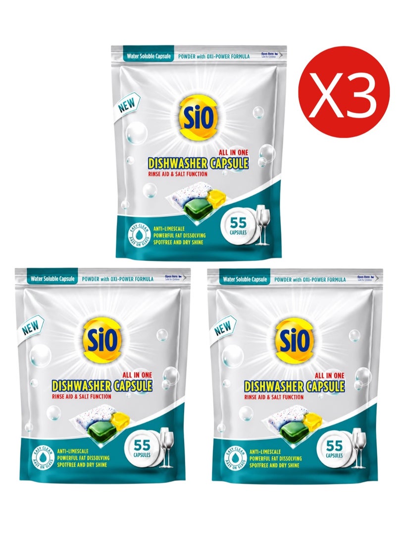 SIO Dishwasher Capsules 55 Count Pack of 3 | 165 Capsules for Dishes Cookware and Grease Cleaning