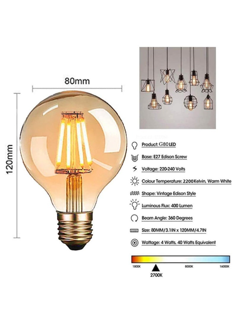 هو آقي آنغ وانغ خمر E27 إديسون لمبات LED لمبات الإضاءة 40W ما يعادل ، 2200K أبيض دافئ ، لمبات زخرفية زجاجية كهرمانية عتيقة ، لمبات خيوط G80 4W LED ، حزمة من 6 ، ضوء أصفر  - Image 2