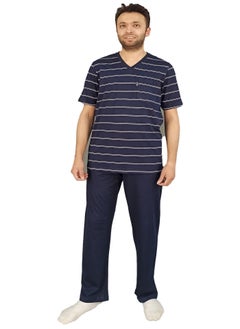 Jet Men Summer Pajama Set Striped Top & Plain Bottom -Navy Blue  - Image 2
