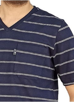 Jet Men Summer Pajama Set Striped Top & Plain Bottom -Navy Blue  - Image 3