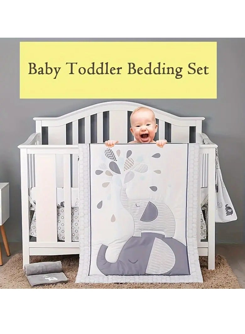 Gonice 3pcs 100% Cotton Nursery Set, Crib Bedding Set For Boys With Gray Playful Elephant Pattern, Ultra Cozy, Breathable And Skin-friendly - Image 1