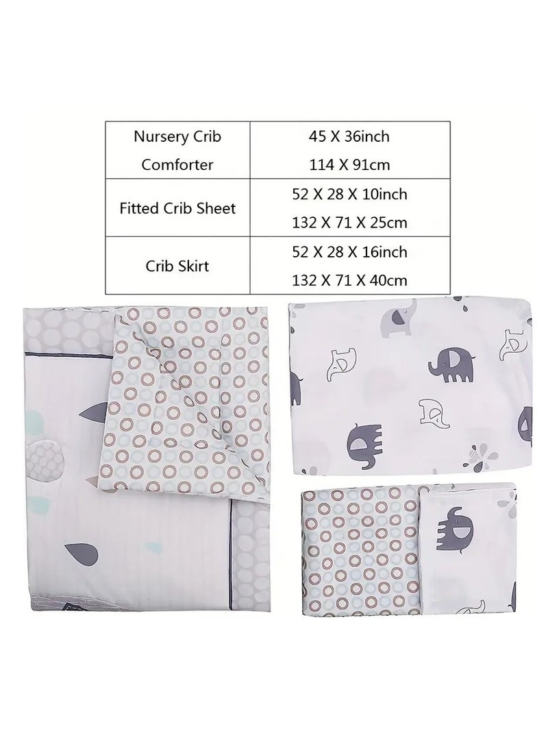 Gonice 3pcs 100% Cotton Nursery Set, Crib Bedding Set For Boys With Gray Playful Elephant Pattern, Ultra Cozy, Breathable And Skin-friendly - Image 2