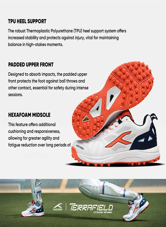 HUNDRED Hundred TerraField Cricket Shoes | TerraSpike Rubber Studs | Embedded Support Plate for Stability | Lightweight & Durable | Ideal for Turf, Ground & Hard Surfaces (White/Orange/Navy ; UK 9)