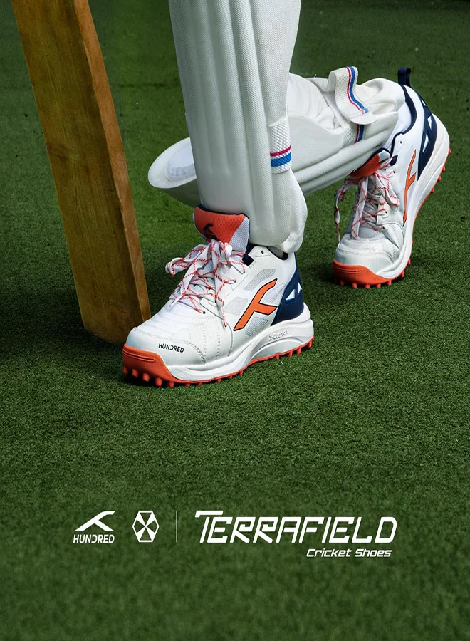 HUNDRED Hundred TerraField Cricket Shoes | TerraSpike Rubber Studs | Embedded Support Plate for Stability | Lightweight & Durable | Ideal for Turf, Ground & Hard Surfaces (White/Orange/Navy ; UK 9)