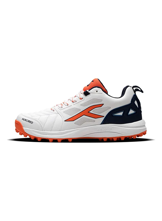 HUNDRED Hundred TerraField Cricket Shoes | TerraSpike Rubber Studs | Embedded Support Plate for Stability | Lightweight & Durable | Ideal for Turf, Ground & Hard Surfaces (White/Orange/Navy ; UK 9)