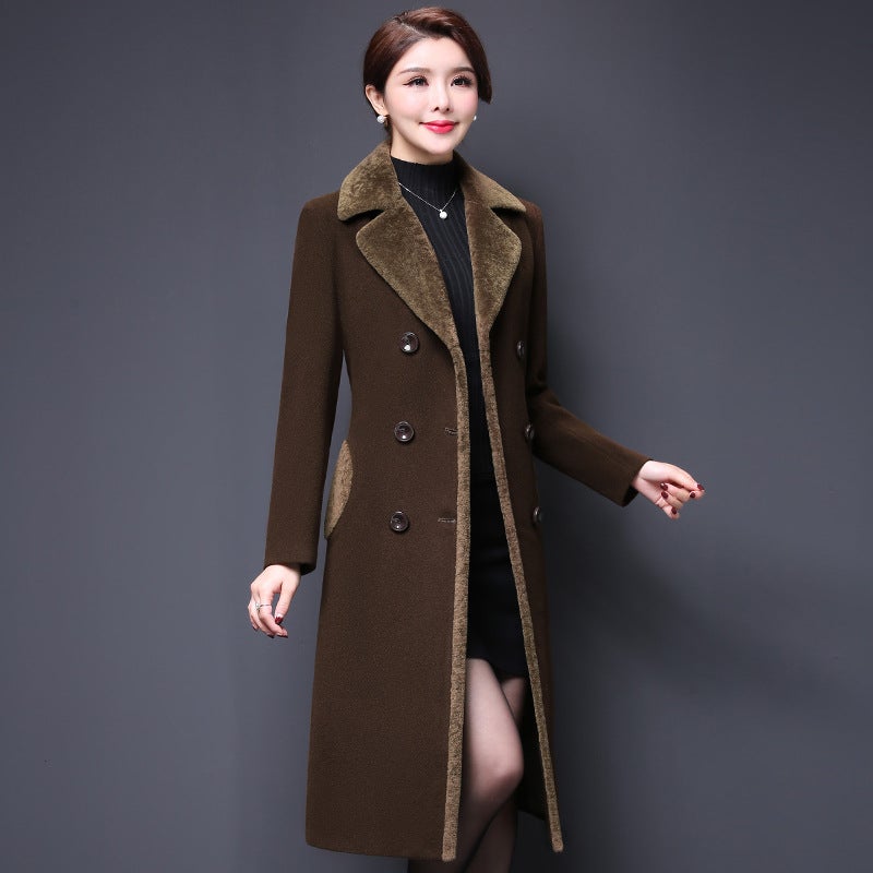 Foreign Trade Womens Wear Autumn and Winter Woolen Coat Womens Korean Style 2021 New Woolen Coat Long Thickened Coat Women Dark Curry 