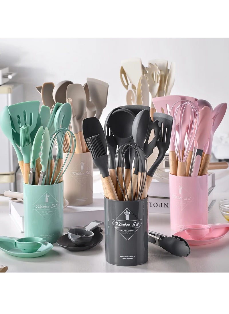 AROAQ 12pcs Silicone Kitchen Utensils Set With Wooden Handle And Storage Bucket, Heat Resistant Silicone Kitchen Spatulas Set, (Pink )  - Image 3