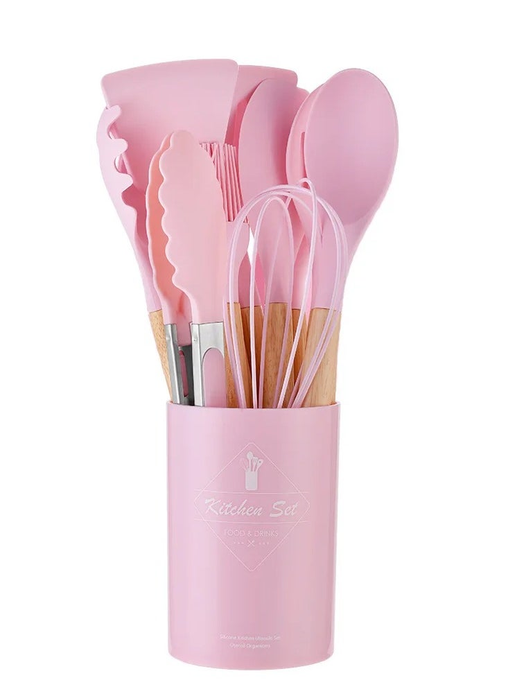 AROAQ 12pcs Silicone Kitchen Utensils Set With Wooden Handle And Storage Bucket, Heat Resistant Silicone Kitchen Spatulas Set, (Pink )  - Image 1