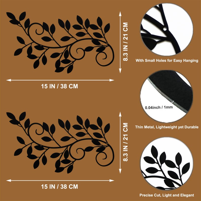 ESTART 2 Pieces Metal Tree Leaf Wall Decor Vine Olive Branch Leaf Wall Art Wrought Iron Scroll Sculptures for Above the Bed, Living Room, Bathroom, Hallway, Office, Outdoor Decoration (Black) - Image 2