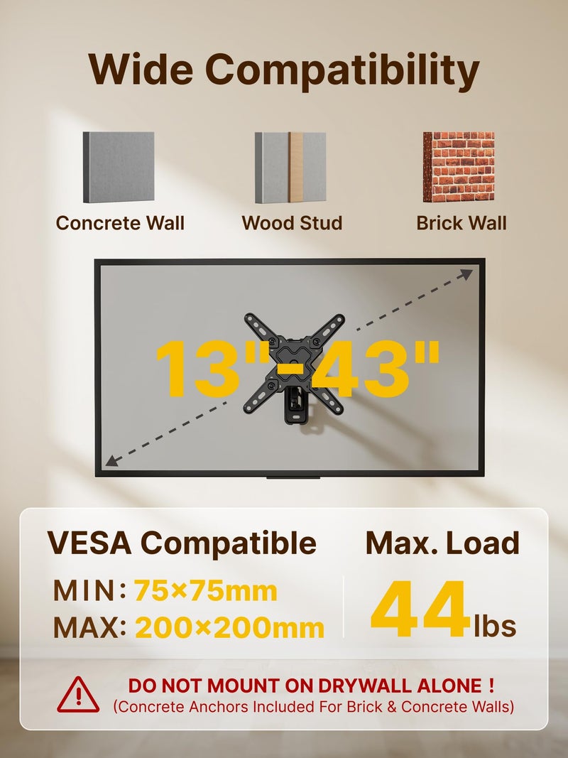 monTEK Full Motion TV Wall Mount Bracket for Most 13-43 Inch LED LCD Flat Screen TVs & Monitors, Swivel Tilt Extension Rotation with Articulating Arms, TV Mount Max VESA 200x200mm, up to 44lbs - Image 2