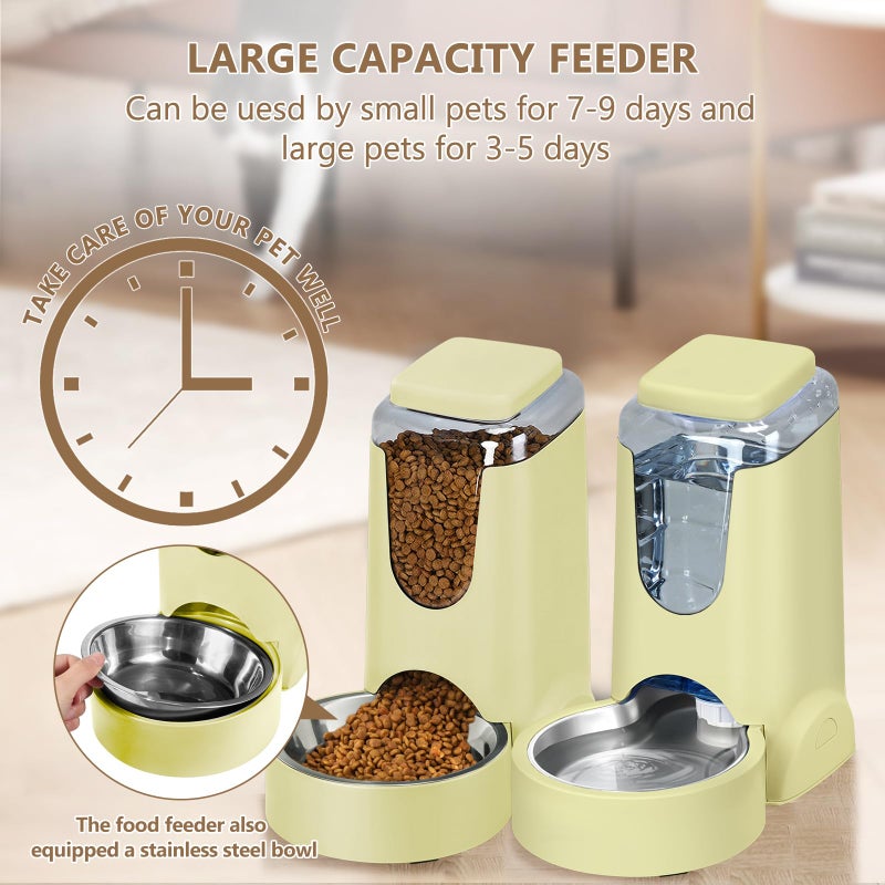 HWONMTE Portable Automatic Cat Feeder and Water Dispenser with Stainless Steel Bowl Dog Gravity Food Feeder and Waterer for Small Medium Pets Puppy Kitten 1 Gallon x 2 (Cream Yellow) - Image 5