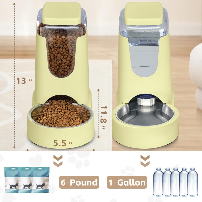 HWONMTE Portable Automatic Cat Feeder and Water Dispenser with Stainless Steel Bowl Dog Gravity Food Feeder and Waterer for Small Medium Pets Puppy Kitten 1 Gallon x 2 (Cream Yellow) - Image 2