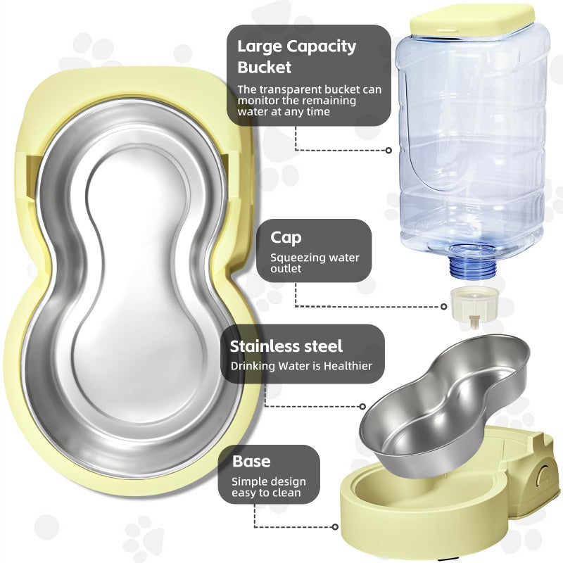 HWONMTE Portable Automatic Cat Feeder and Water Dispenser with Stainless Steel Bowl Dog Gravity Food Feeder and Waterer for Small Medium Pets Puppy Kitten 1 Gallon x 2 (Cream Yellow) - Image 3