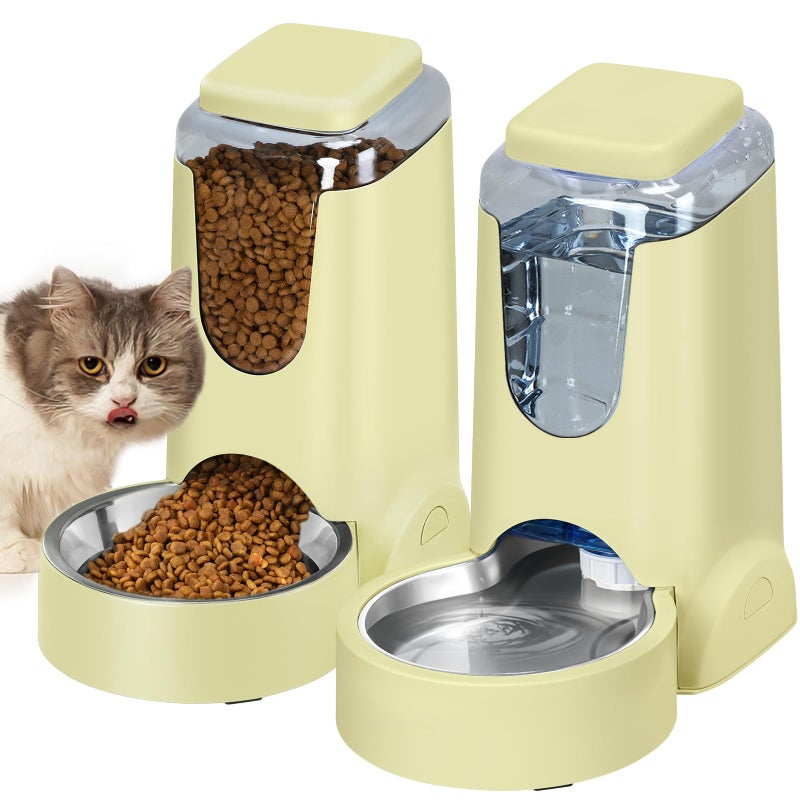 HWONMTE Portable Automatic Cat Feeder and Water Dispenser with Stainless Steel Bowl Dog Gravity Food Feeder and Waterer for Small Medium Pets Puppy Kitten 1 Gallon x 2 (Cream Yellow) - Image 1