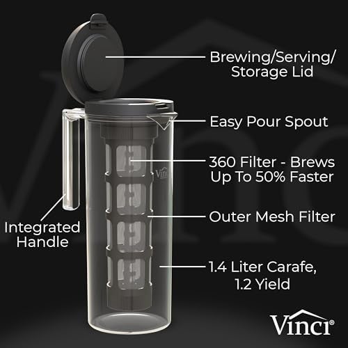 VINCI Cold Brew 360, Cold Brew Coffee Maker Featuring Patented Dual Filter 360 Brewing Technology, Cold Brew for Iced Coffee (1.4 Liters Capacity - Plastic Pitcher) - Image 3