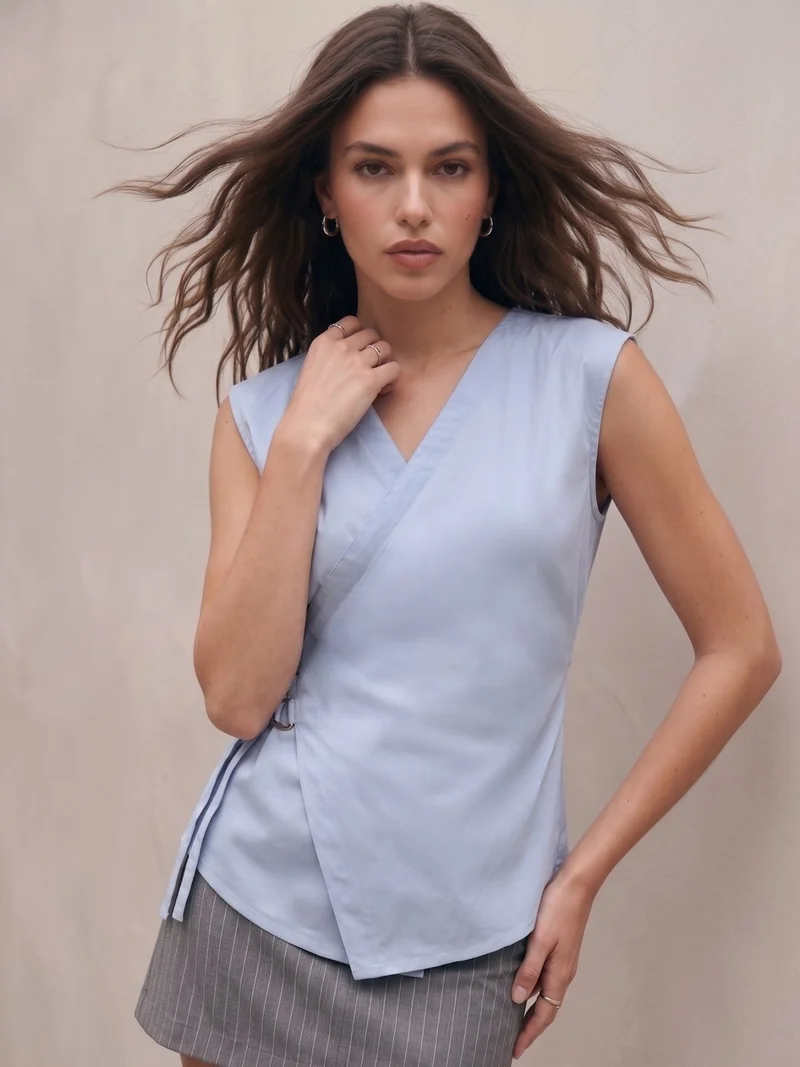 Outzidr  Blue Asymmetrical Wrap-Around Front With A Crisp V-Neckline for Women | Best Price UAE