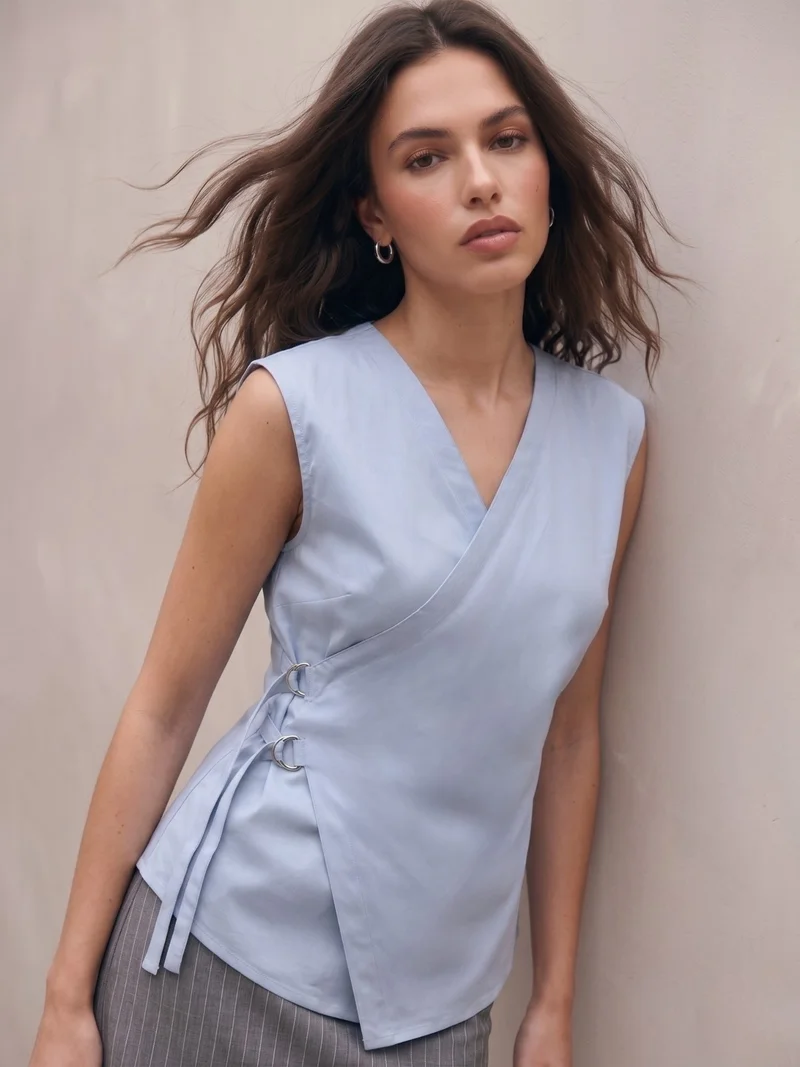 Outzidr  Blue Asymmetrical Wrap-Around Front With A Crisp V-Neckline for Women | Best Price UAE