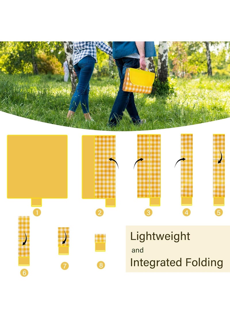 Picnic Blankets Waterproof Foldable Yellow Gingham Beach Mat Tote Handbag for Camping Travel Park (60x80 inch)