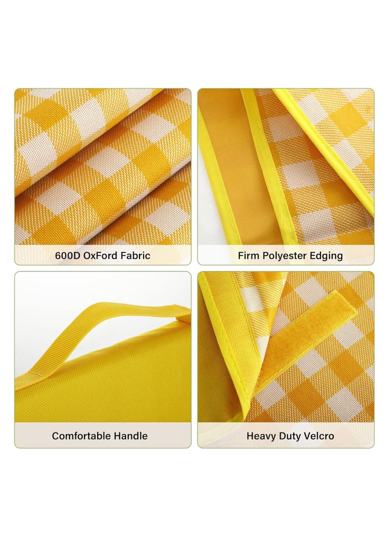 Picnic Blankets Waterproof Foldable Yellow Gingham Beach Mat Tote Handbag for Camping Travel Park (60x80 inch)