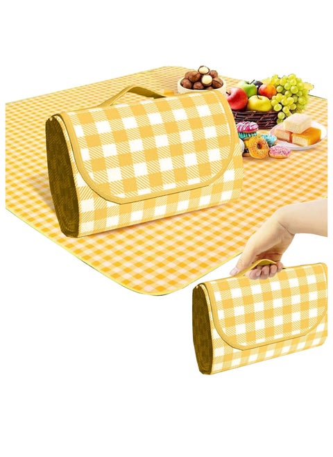 Picnic Blankets Waterproof Foldable Yellow Gingham Beach Mat Tote Handbag for Camping Travel Park (60x80 inch)