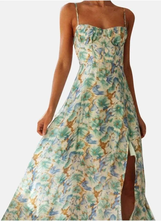 يونيكي Green Floral Printed Shoulder Straps Maxi Dress