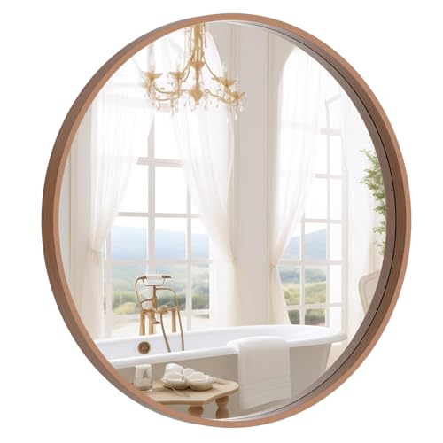 WallBeyond Wood Round Mirror with Wood Frame 24 inch Circle Wall Mirror for Bathroom Round Wall Mirror for Wall Decor, Vanity, Entryway Living Room (Walnut) - Image 1
