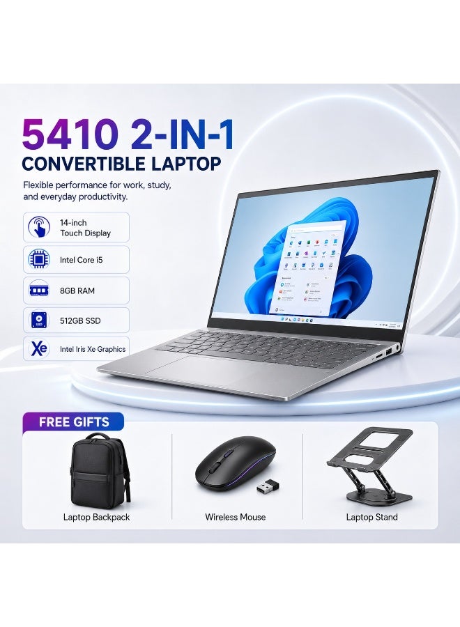 لابتوب 5410 2 في 1 قابل للتحويل بشاشة لمس 14 بوصة ومعالج Intel Core i5 وذاكرة 8GB وتخزين 512GB SSD ورسوميات Intel Iris Xe مع هدايا مجانية - Image 1