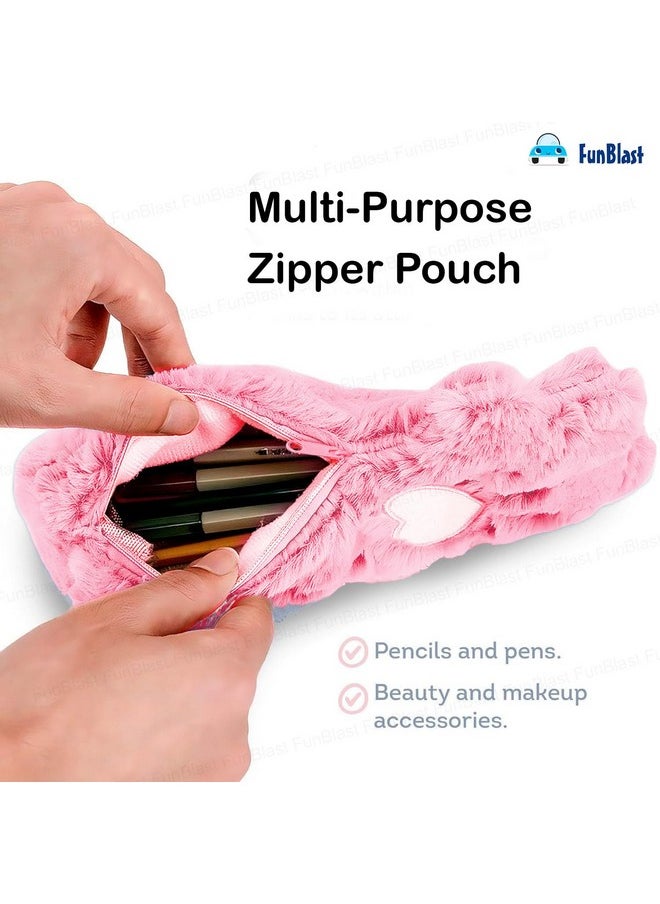 FunBlast FunBlast Panda Fur Pencil Pouch for Girls - Multi-Purpose Zipper Pouch Case for School Kids, Cute Cosmetic Pouch for Girls, Coin Pouch, Travel Pouch, Fur Pouches for School/Office (Pink)  - Image 2