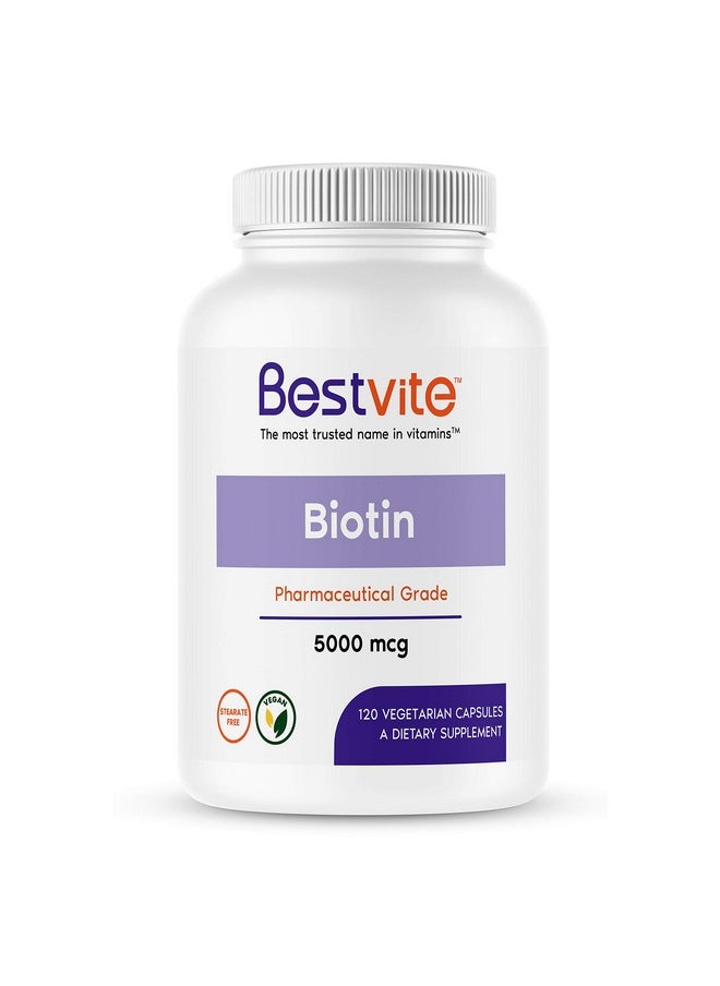 BESTVITE Biotin 5000Mcg (120 Vegetarian Capsules) No Stearates No Flow Agents Vegan Non Gmo Gluten Free Hair Skin Nails  - Image 1