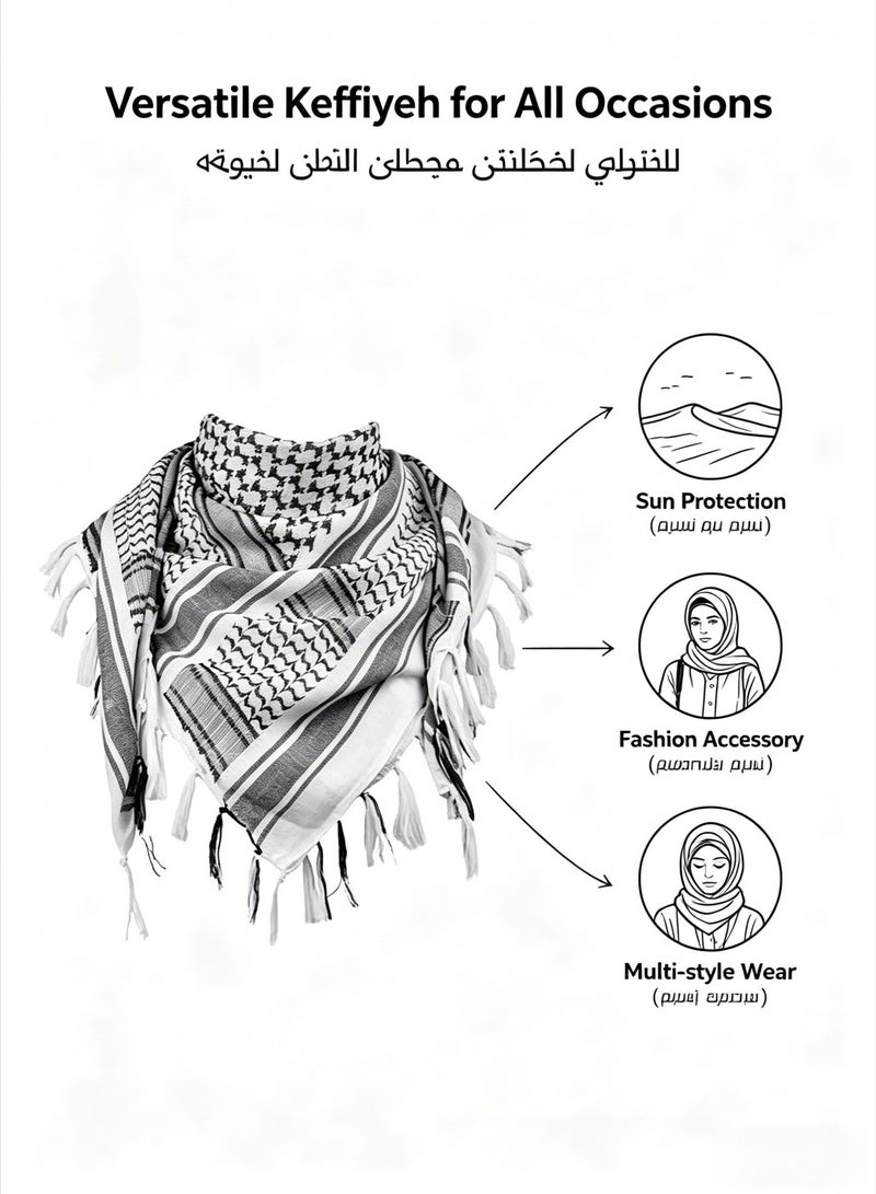 43×43in Shemagh Tactical Desert Scarf, 100% Cotton Head Neck Scarf, Head Neck Wrap Shawl with Tassel, Outdoor Kerchief for Women & Men (White & Brown Set) - Image 2