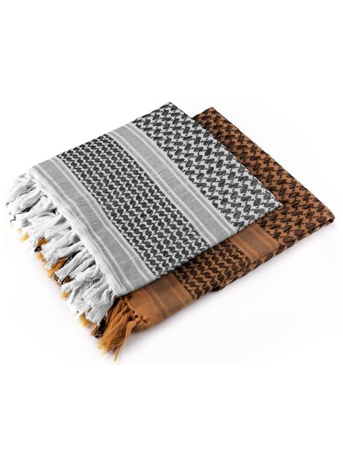 43×43in Shemagh Tactical Desert Scarf, 100% Cotton Head Neck Scarf, Head Neck Wrap Shawl with Tassel, Outdoor Kerchief for Women & Men (White & Brown Set) - Image 4