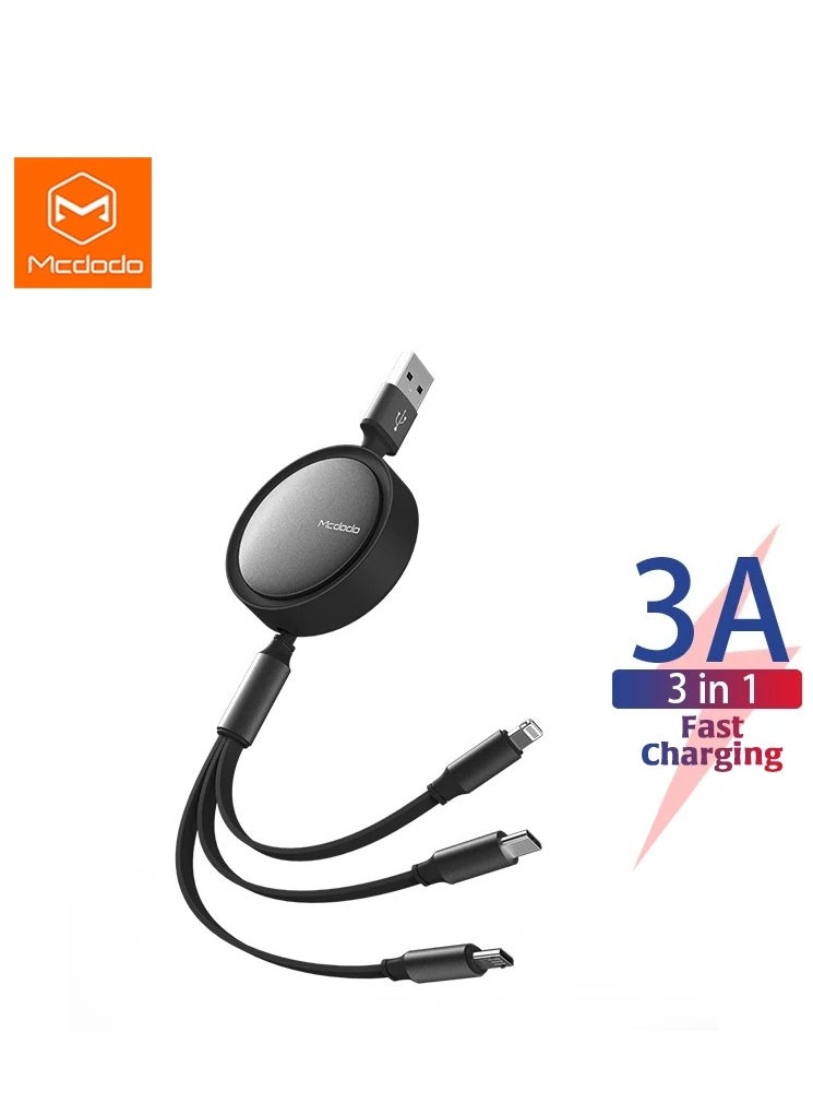 Mcdodo - 3-in-1 Retractable USB Fast Charging Data Cable – 3A Multi-Charger for iPhone, Samsung, Type-C & Micro USB Devices - Image 1