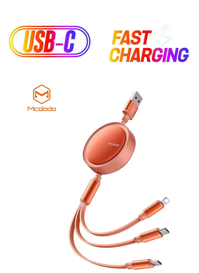 Mcdodo - 3-in-1 Retractable USB Fast Charging Data Cable – 3A Multi-Charger for iPhone, Samsung, Type-C & Micro USB Devices - Image 1