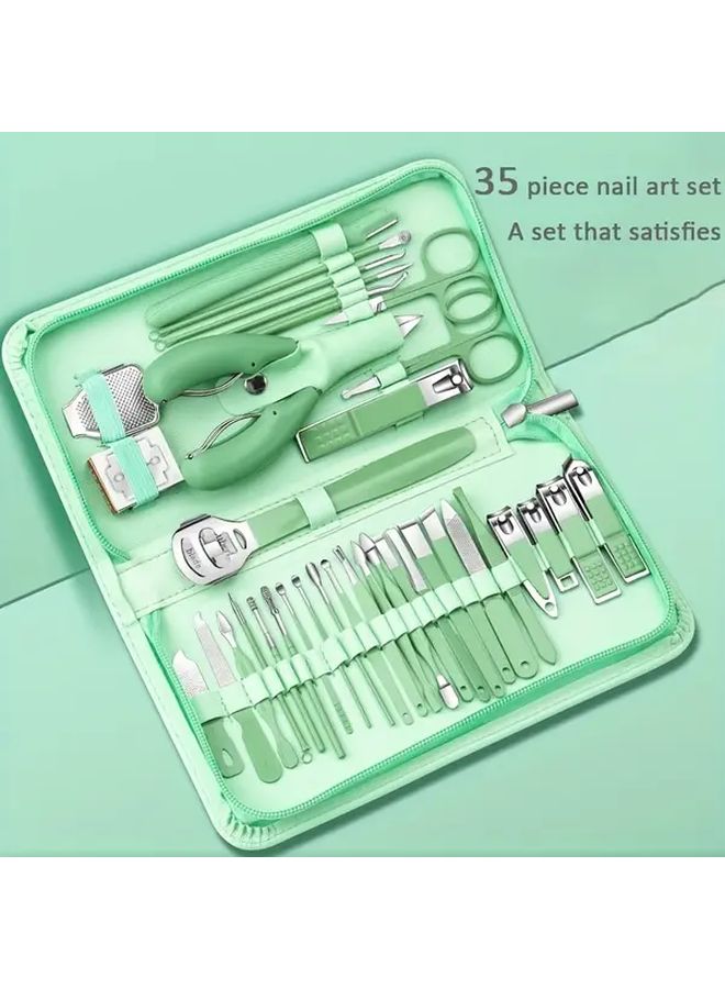 أخضر فاتح 35 قطعة مجموعة أدوات مانيكير من الفولاذ المقاوم للصدأ مع مقص أظافر ومبرد أقدام - Image 2
