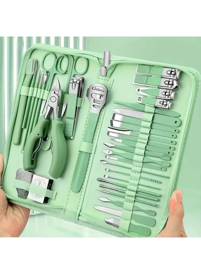 أخضر فاتح 35 قطعة مجموعة أدوات مانيكير من الفولاذ المقاوم للصدأ مع مقص أظافر ومبرد أقدام - Image 1