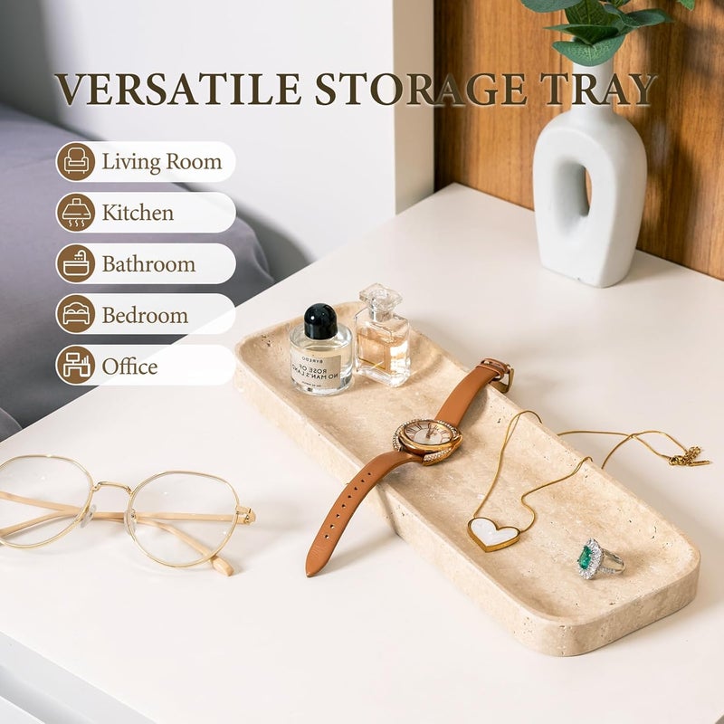 Koville Travertine Tray for Bathroom Sink, 12"x4" Natural Stone Vanity Tray for Kitchen Dresser Countertop, Rectangular Decorative Marble Tray for Jewelry Perfume Trinket(Beige) - Image 4