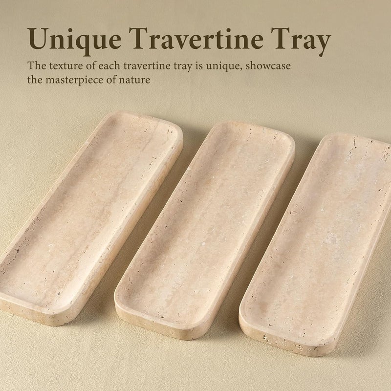 Koville Travertine Tray for Bathroom Sink, 12"x4" Natural Stone Vanity Tray for Kitchen Dresser Countertop, Rectangular Decorative Marble Tray for Jewelry Perfume Trinket(Beige) - Image 3