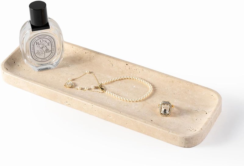 Koville Travertine Tray for Bathroom Sink, 12"x4" Natural Stone Vanity Tray for Kitchen Dresser Countertop, Rectangular Decorative Marble Tray for Jewelry Perfume Trinket(Beige) - Image 1