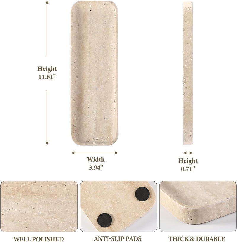 Koville Travertine Tray for Bathroom Sink, 12"x4" Natural Stone Vanity Tray for Kitchen Dresser Countertop, Rectangular Decorative Marble Tray for Jewelry Perfume Trinket(Beige) - Image 2